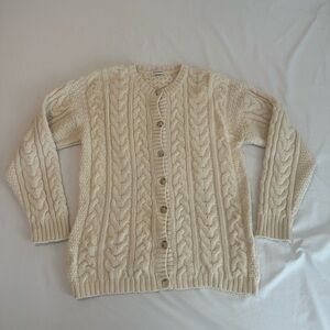 Cream Cable-Knit Button Up Cardigan Merino Wool Size Large/XL Cottage Core